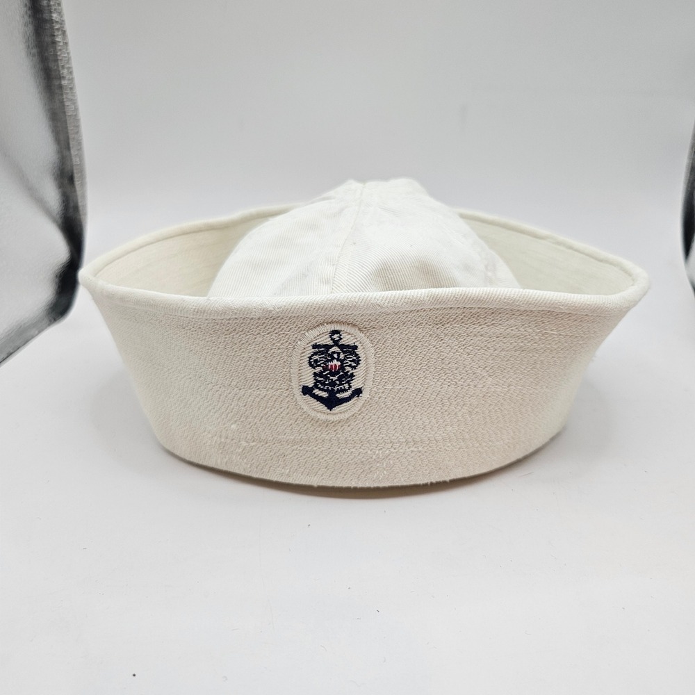 Bob Evans Vintage White Cotton Sailor Hat Anchor Crest Dixie Cup Nautical Cap